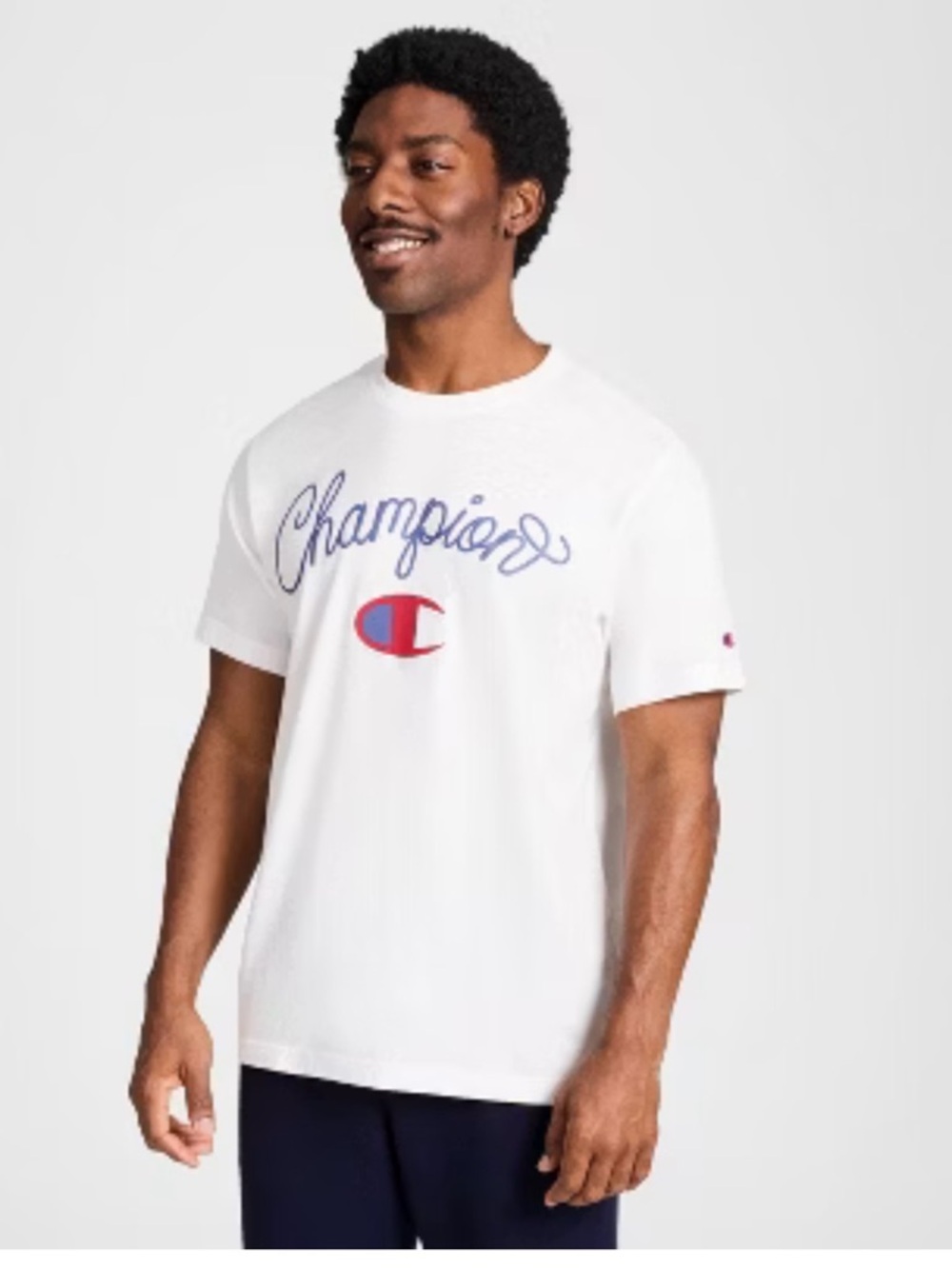 Champion White Short Sleeve Script Logo Tee with Red & Blue Crest